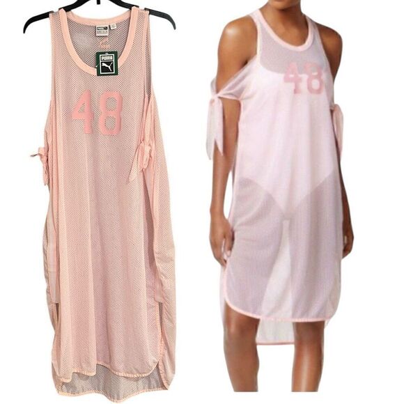 Puma Mesh Pink Activewear 48 Off Shoulder Crew Neck Graphic Dress Sz XXL - Picture 1 of 6